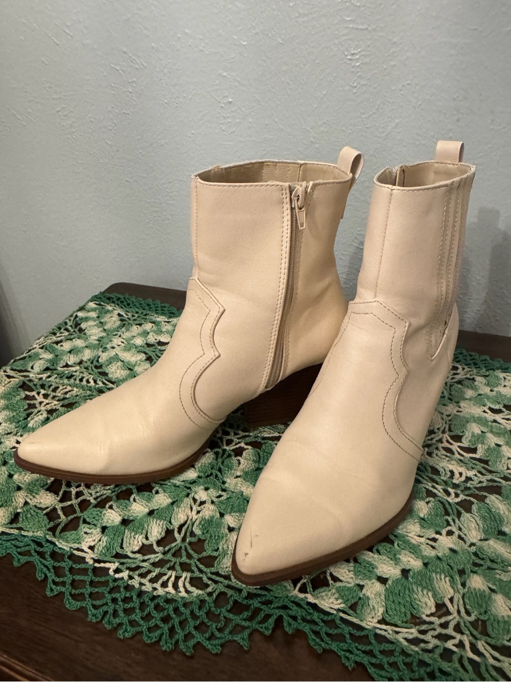 Cream Pointed-Toe Ankle Booties with Side Zip